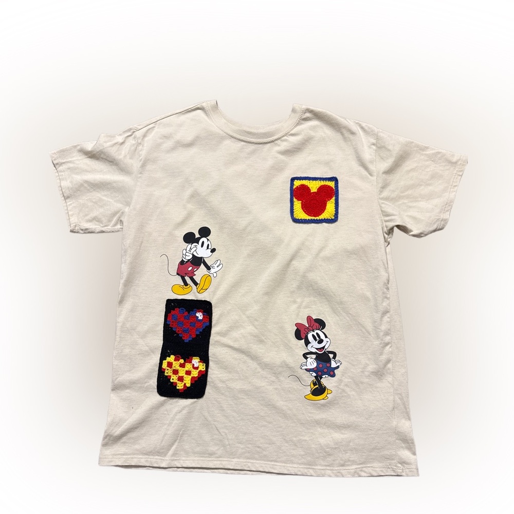 Disney Cream Short-Sleeve Mickey & Minnie  Crocheted Patch Graphic Tee